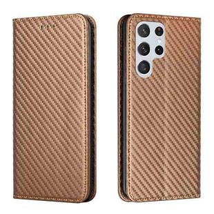 For Samsung Galaxy S22 Ultra 5G Carbon Fiber Texture Flip Holder Leather Phone Case(Brown)