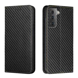 For Samsung Galaxy S22 5G Carbon Fiber Texture Flip Holder Leather Phone Case(Black)