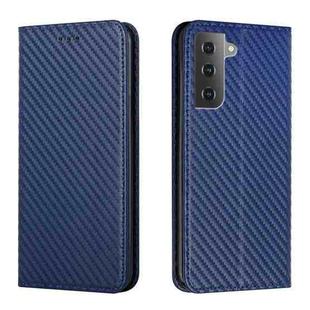 For Samsung Galaxy S22 5G Carbon Fiber Texture Flip Holder Leather Phone Case(Blue)