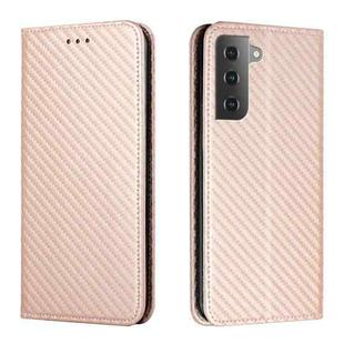 For Samsung Galaxy S22 5G Carbon Fiber Texture Flip Holder Leather Phone Case(Rose Gold)