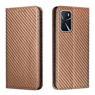 For OPPO A16 Carbon Fiber Texture Flip Holder Leather Phone Case(Brown)