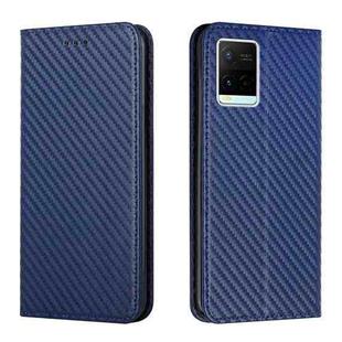 For vivo Y21 Carbon Fiber Texture Flip Holder Leather Phone Case(Blue)