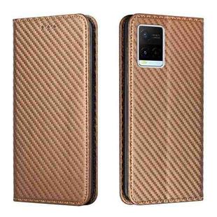 For vivo Y21 Carbon Fiber Texture Flip Holder Leather Phone Case(Brown)