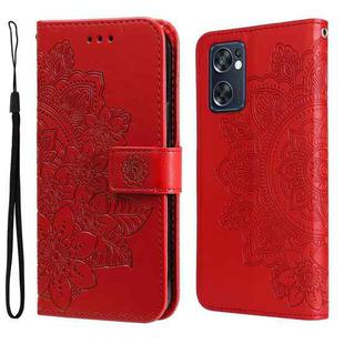 For OPPO Reno7 SE 5G 7-petal Flowers Embossing Pattern Horizontal Flip Leather Case(Red)