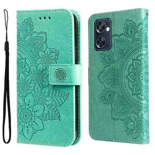 For OPPO Reno7 SE 5G 7-petal Flowers Embossing Pattern Horizontal Flip Leather Case(Green)