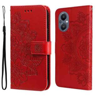 For OPPO Reno7 Z/A96 5G/OnePlus Nord N20 5G 7-petal Flowers Embossing Pattern Horizontal Flip Leather Case(Red)