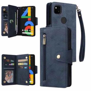 For Google Pixel 4A 4G Rivet Buckle 9 Cards Three Fold Leather Phone Case(Blue)