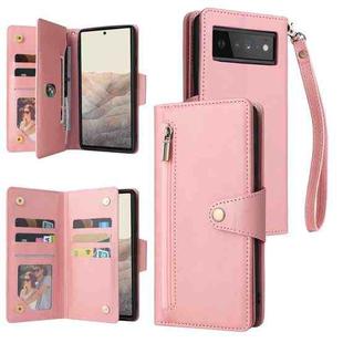 For Google Pixel 6 Pro Rivet Buckle 9 Cards Three Fold Leather Phone Case(Rose Gold)