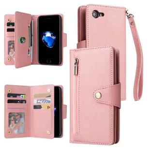 For iPhone SE 2022 / SE 2020 / 8 / 7 Rivet Buckle 9 Cards Three Fold Leather Phone Case(Rose Gold)