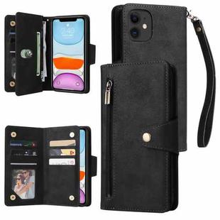 For iPhone 11 Rivet Buckle 9 Cards Three Fold Leather Phone Case (Black)