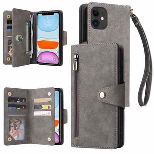 For iPhone 11 Rivet Buckle 9 Cards Three Fold Leather Phone Case (Grey)