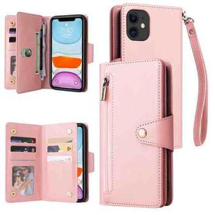 For iPhone 11 Rivet Buckle 9 Cards Three Fold Leather Phone Case (Rose Gold)