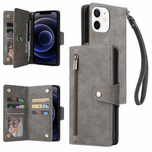 For iPhone 12 Rivet Buckle 9 Cards Three Fold Leather Phone Case(Grey)