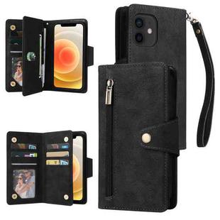 For iPhone 12 mini Rivet Buckle 9 Cards Three Fold Leather Phone Case (Black)