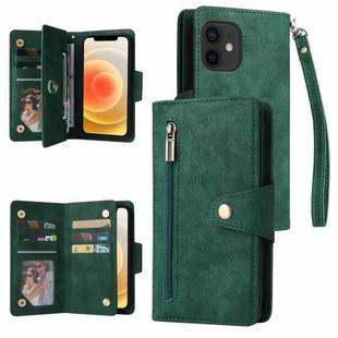 For iPhone 12 mini Rivet Buckle 9 Cards Three Fold Leather Phone Case (Green)