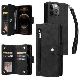 For iPhone 12 Pro Max Rivet Buckle 9 Cards Three Fold Leather Phone Case(Black)