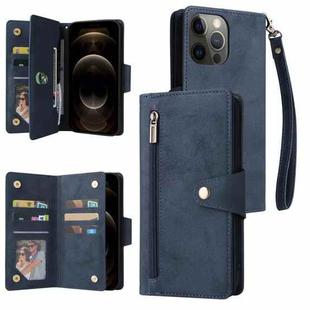 For iPhone 12 Pro Max Rivet Buckle 9 Cards Three Fold Leather Phone Case(Blue)