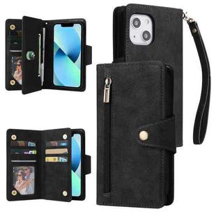 For iPhone 13 mini Rivet Buckle 9 Cards Three Fold Leather Phone Case (Black)