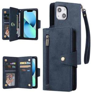 For iPhone 13 mini Rivet Buckle 9 Cards Three Fold Leather Phone Case (Blue)