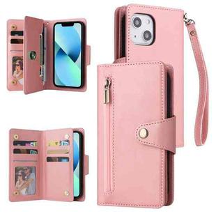 For iPhone 13 mini Rivet Buckle 9 Cards Three Fold Leather Phone Case (Rose Gold)
