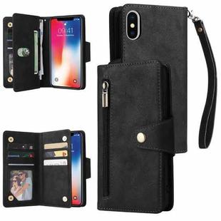For iPhone X / XS Rivet Buckle 9 Cards Three Fold Leather Phone Case(Black)