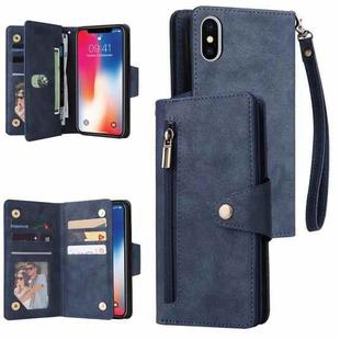 For iPhone X / XS Rivet Buckle 9 Cards Three Fold Leather Phone Case(Blue)