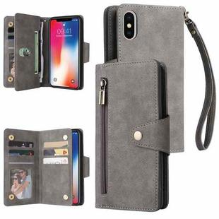 For iPhone X / XS Rivet Buckle 9 Cards Three Fold Leather Phone Case(Grey)