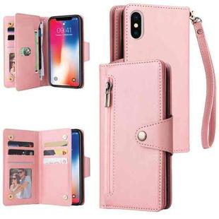 For iPhone X / XS Rivet Buckle 9 Cards Three Fold Leather Phone Case(Rose Gold)