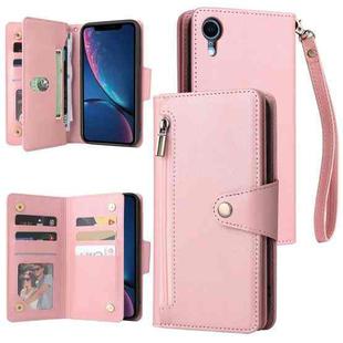 For iPhone XR Rivet Buckle 9 Cards Three Fold Leather Phone Case(Rose Gold)