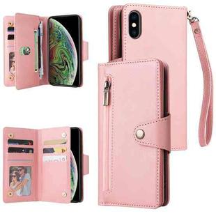 For iPhone XS Max Rivet Buckle 9 Cards Three Fold Leather Phone Case(Rose Gold)