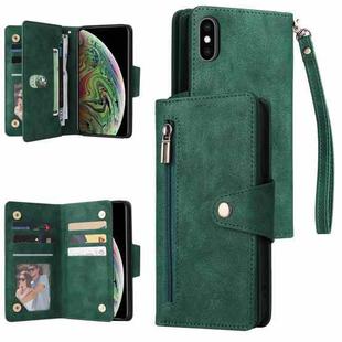 For iPhone XS Max Rivet Buckle 9 Cards Three Fold Leather Phone Case(Green)