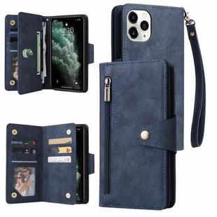 For iPhone 11 Pro Max Rivet Buckle 9 Cards Three Fold Leather Phone Case (Blue)