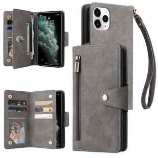 For iPhone 11 Pro Max Rivet Buckle 9 Cards Three Fold Leather Phone Case (Grey)
