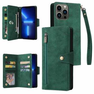 For iPhone 13 Pro Rivet Buckle 9 Cards Three Fold Leather Phone Case (Green)