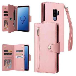 For Samsung Galaxy S9+ Rivet Buckle 9 Cards Three Fold Leather Phone Case(Rose Gold)