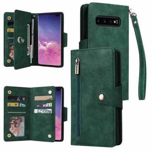 For Samsung Galaxy S10+ Rivet Buckle 9 Cards Three Fold Leather Phone Case(Green)