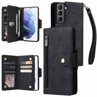 For Samsung Galaxy S21 5G Rivet Buckle 9 Cards Three Fold Leather Phone Case(Black)