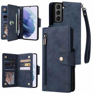 For Samsung Galaxy S21 5G Rivet Buckle 9 Cards Three Fold Leather Phone Case(Blue)