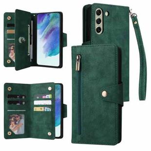 For Samsung Galaxy S21 FE 5G Rivet Buckle 9 Cards Three Fold Leather Phone Case(Green)