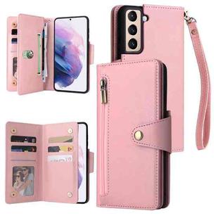 For Samsung Galaxy S21+ Rivet Buckle 9 Cards Three Fold Leather Phone Case(Rose Gold)