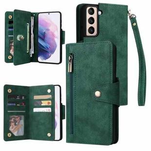 For Samsung Galaxy S21+ Rivet Buckle 9 Cards Three Fold Leather Phone Case(Green)