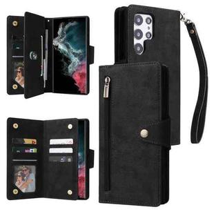 For Samsung Galaxy S22 Ultra 5G Rivet Buckle 9 Cards Three Fold Leather Phone Case(Black)