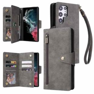 For Samsung Galaxy S22 Ultra 5G Rivet Buckle 9 Cards Three Fold Leather Phone Case(Grey)
