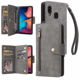 For Samsung Galaxy A20 Rivet Buckle 9 Cards Three Fold Leather Phone Case(Grey)