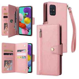 For Samsung Galaxy A51 Rivet Buckle 9 Cards Three Fold Leather Phone Case(Rose Gold)