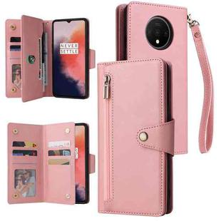 For OnePlus 7T Rivet Buckle 9 Cards Three Fold Leather Phone Case(Rose Gold)