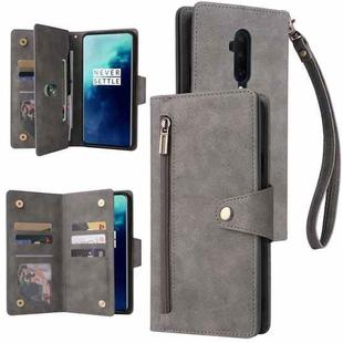 For OnePlus 7T Pro Rivet Buckle 9 Cards Three Fold Leather Phone Case(Grey)