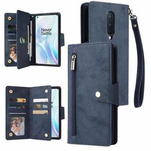 For OnePlus 8 Rivet Buckle 9 Cards Three Fold Leather Phone Case(Blue)