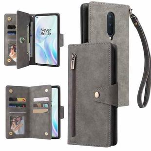 For OnePlus 8 Rivet Buckle 9 Cards Three Fold Leather Phone Case(Grey)