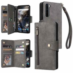 For OnePlus Nord Rivet Buckle 9 Cards Three Fold Leather Phone Case(Grey)